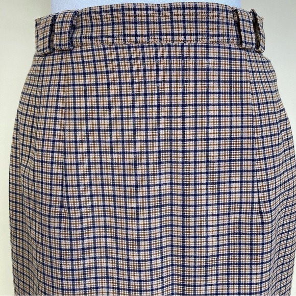 Vintage 80s Plaid Wool Blend Pencil Midi Skirt Tan/Blue Academia Preppy Sz XS - Picture 6 of 15